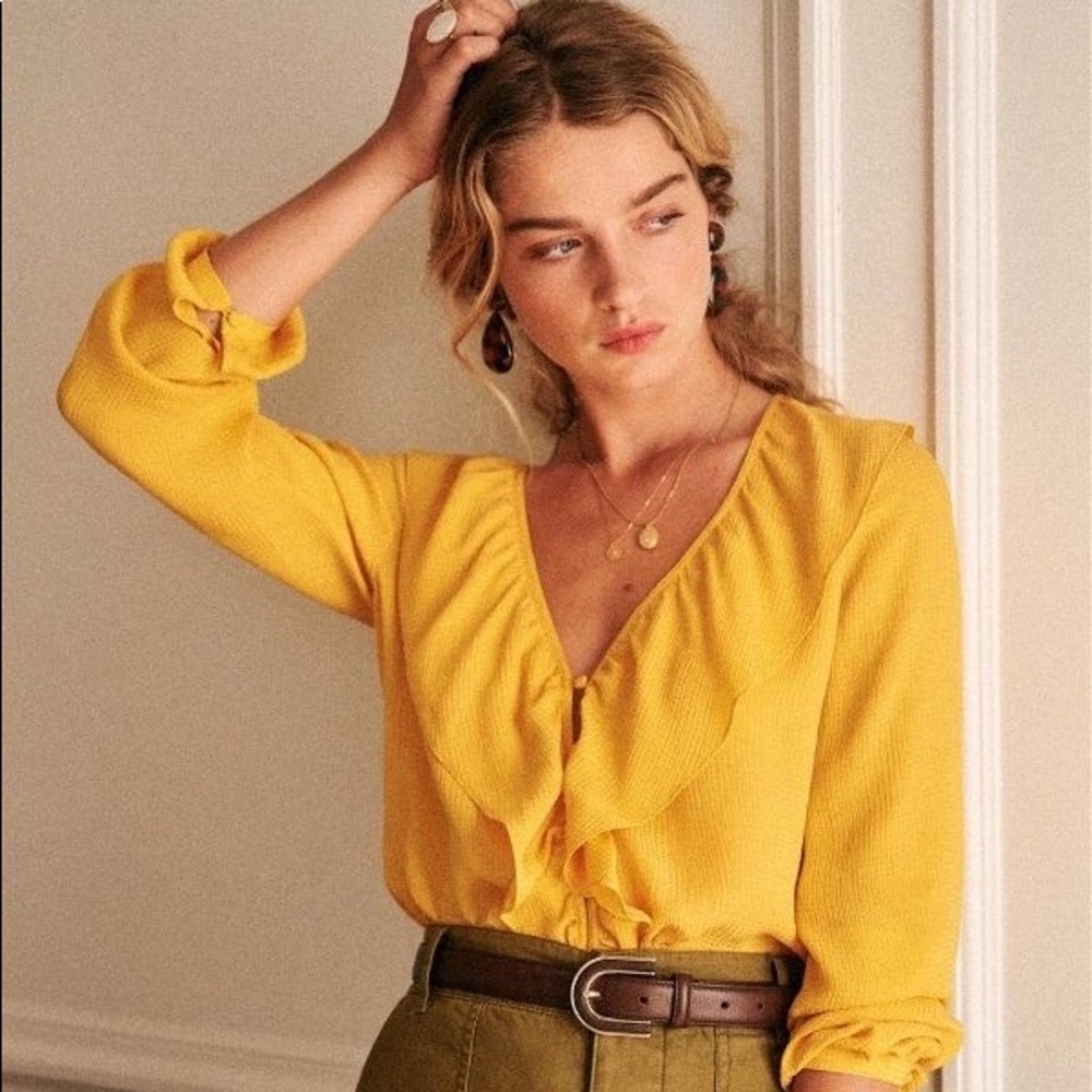 Sezane Yellow Ruffled V-Neck Blouse